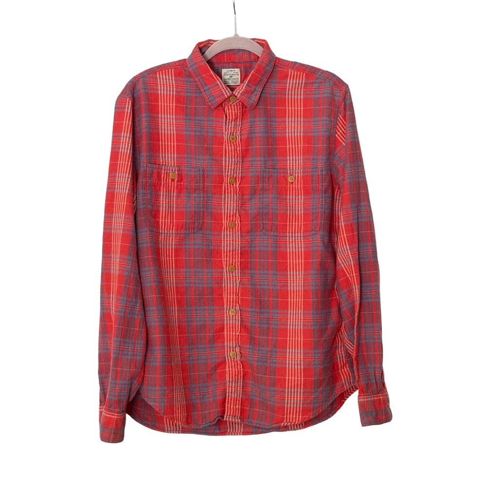 J. Crew Men's L Red Blue White Plaid Button Front Flannel Shirt | SKU 1059